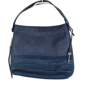Fossil Bag Navy Blue‎ Leather and Suede Zip Top Hobo Shoulder Bucket Bag